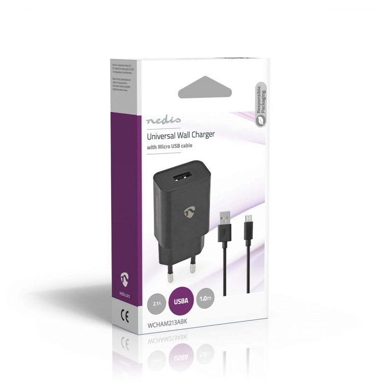 Nedis Vægoplader | 12 W | Hurtigopladningsfunktion | 1x 2.1 A A | Antal output: 1 | USB-A | Micro USB (Loose) kabel | 1.00 m | Single Voltage Output | Sort