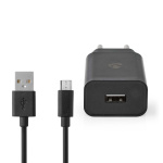 Nedis Vægoplader | 12 W | Hurtigopladningsfunktion | 1x 2.1 A A | Antal output: 1 | USB-A | Micro USB (Loose) kabel | 1.00 m | Single Voltage Output | Sort