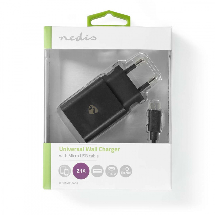 Nedis Vægoplader | 12 W | Hurtigopladningsfunktion | 1x 2.1 A A | Antal output: 1 | USB-A | Micro USB (Loose) kabel | 1.00 m | Single Voltage Output | Sort