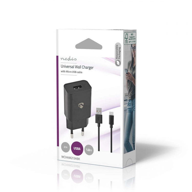 Nedis Vægoplader | 12 W | Hurtigopladningsfunktion | 1x 2.1 A A | Antal output: 1 | USB-A | Micro USB (Loose) kabel | 1.00 m | Single Voltage Output | Sort