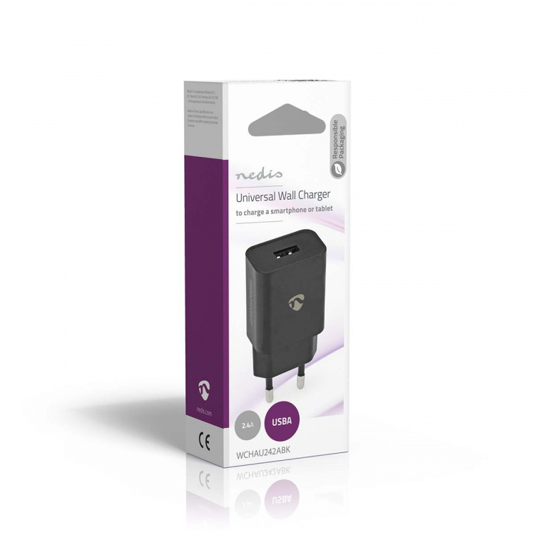 Nedis Vægoplader | 12 W | Hurtigopladningsfunktion | 1x 2.4 A A | Antal output: 1 | USB-A | Uden Kabel | Single Voltage Output | Sort