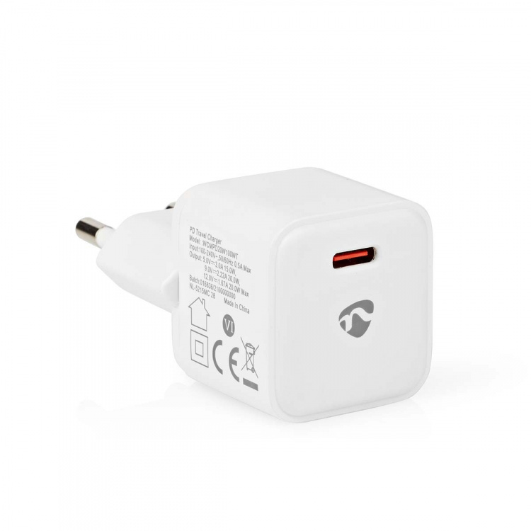 Nedis Vægoplader | 20 W | PD3.0 20W | Hurtigopladningsfunktion | 1.67 A / 2.22 A / 3.0 A | Antal output: 1 | USB-C™ | Automatisk Valgt Spænding | Hvid