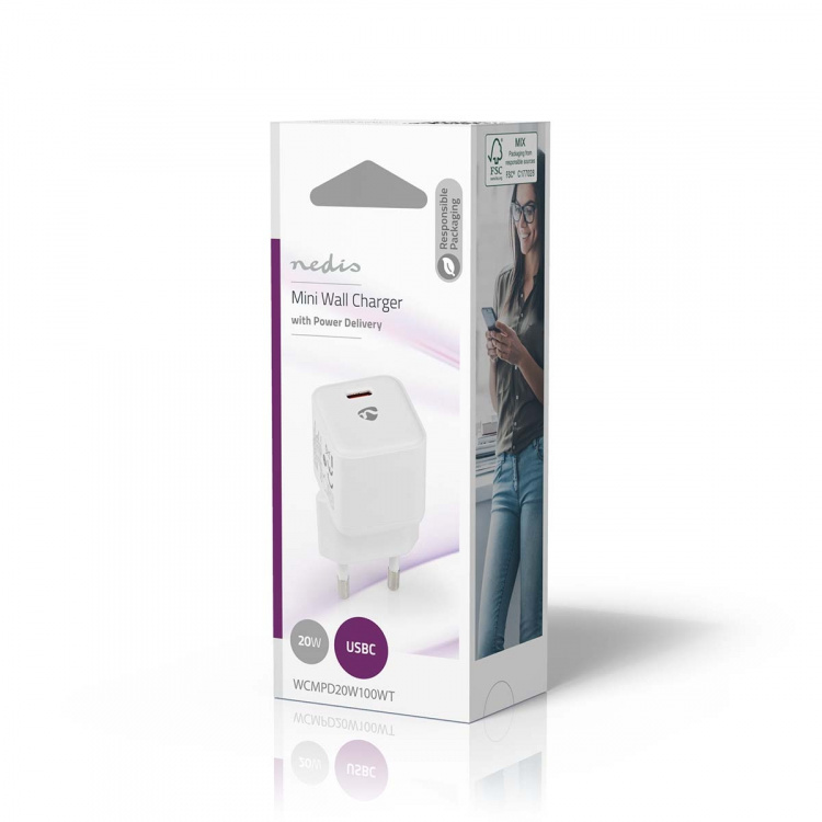 Nedis Vægoplader | 20 W | PD3.0 20W | Hurtigopladningsfunktion | 1.67 A / 2.22 A / 3.0 A | Antal output: 1 | USB-C™ | Automatisk Valgt Spænding | Hvid