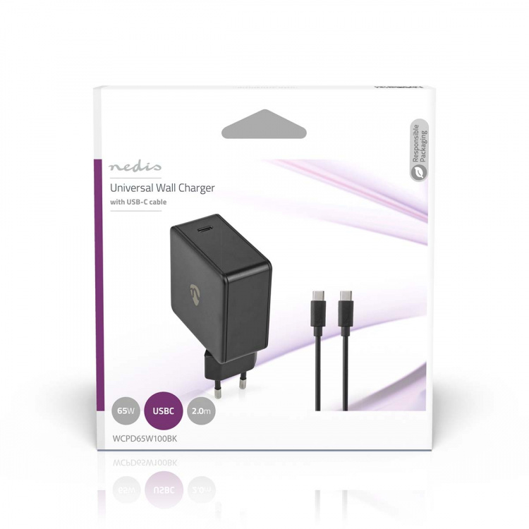 Nedis Vægoplader | 65 W | PD3.0 27W / PD3.0 36W / PD3.0 45W / PD3.0 65W | Hurtigopladningsfunktion | 3.0 / 3.25 A A | Antal output: 1 | USB-C™ | Type-C™ | 2.00 m | Automatisk Valgt Spænding | Sort