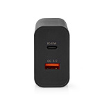 Nedis Vægoplader | 65 W | Hurtigopladningsfunktion | 2.0 / 2.25 A / 3.25 A A | Antal output: 2 | USB-A / USB-C™ | Automatisk Valgt Spænding | Sort