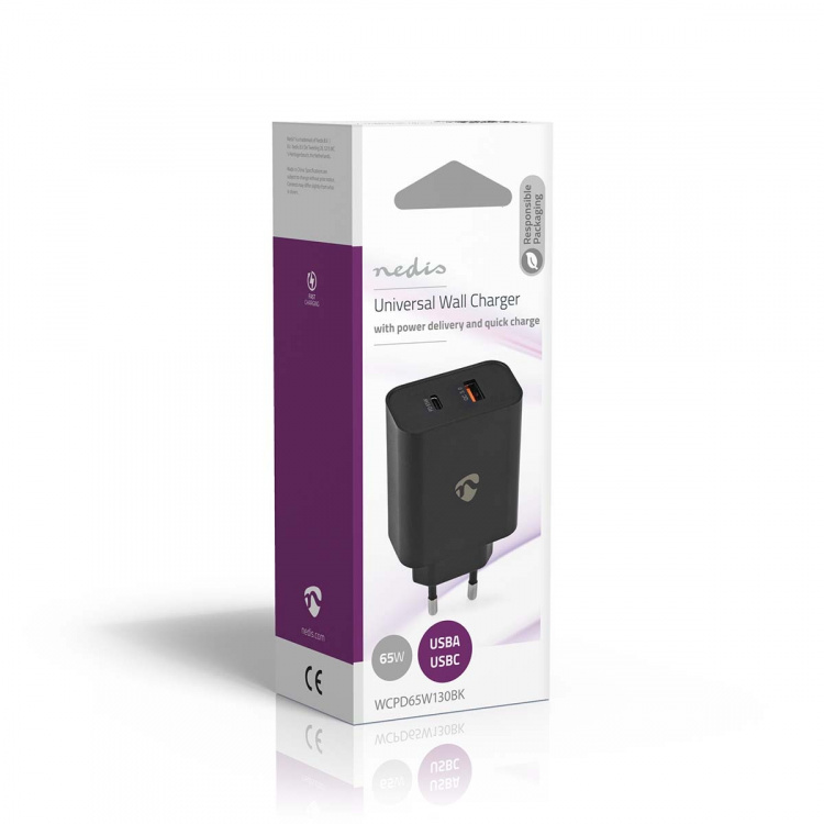 Nedis Vægoplader | 65 W | Hurtigopladningsfunktion | 2.0 / 2.25 A / 3.25 A A | Antal output: 2 | USB-A / USB-C™ | Automatisk Valgt Spænding | Sort