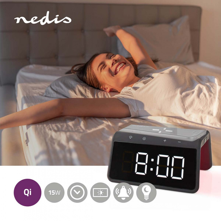 Nedis Vækkeur med Trådlås Ladning | Qi certificeret | 5 / 7.5 / 10 / 15 W | USB-A Male | Natlys | 2 Alarmtider | Snooze funktion