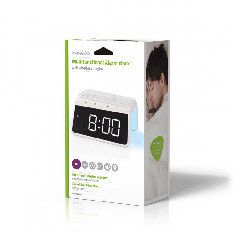 Nedis Vækkeur med Trådlås Ladning | Qi certificeret | 5 / 7.5 / 10 / 15 W | USB-A Male | Natlys | 2 Alarmtider | Snooze funktion