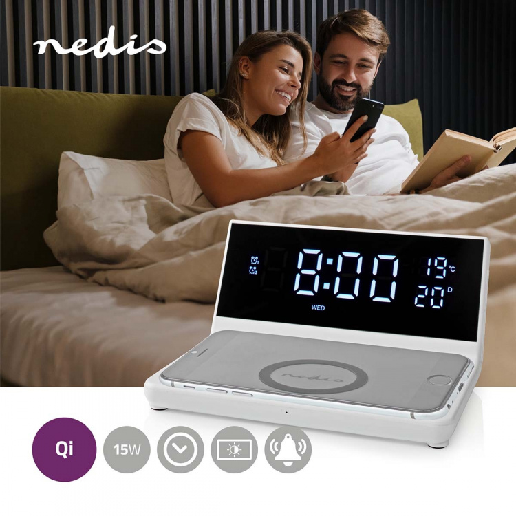 Nedis Vækkeur med Trådlås Ladning | Qi certificeret | 5 / 7.5 / 10 / 15 W | USB-A Male | 2 Alarmtider | Snooze funktion