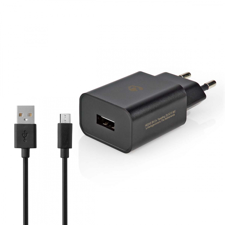 Nedis Vægoplader | 5 W | 1.0 A A | Antal output: 1 | USB-A | Micro USB (Loose) kabel | 1.00 m | Single Voltage Output | Sort