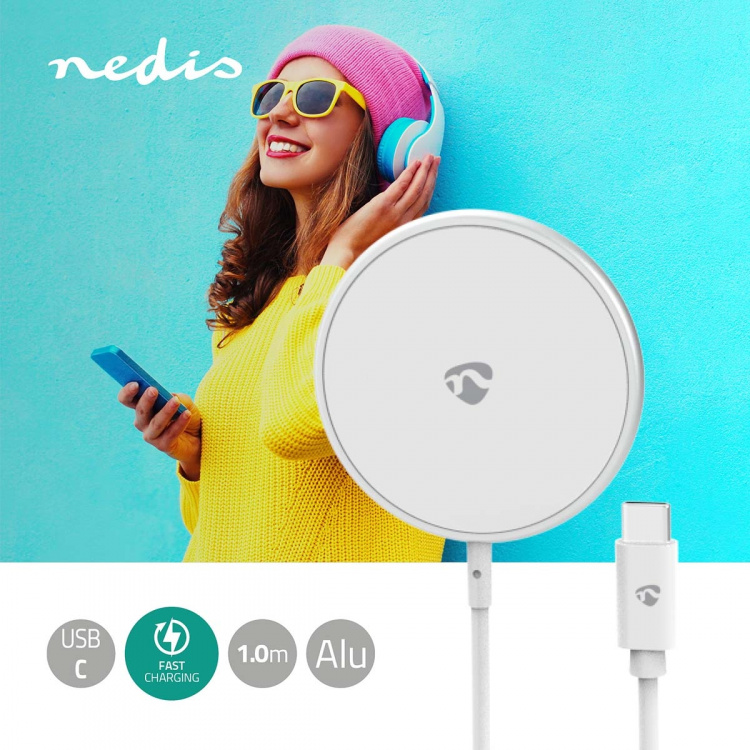 Nedis Trådløs oplader | 5 / 7.5 / 10 / 15 W | 1.0 / 1.1 / 1.67 / 2 A | Inkluderet kabel | USB Type-C™ | 1.00 m