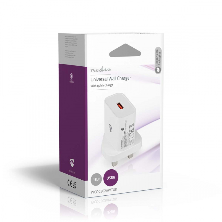 Nedis Vægoplader | 18 W | QC3.0 | Hurtigopladningsfunktion | 3.0 A | Antal output: 1 | USB-A | Automatisk Valgt Spænding | Hvid
