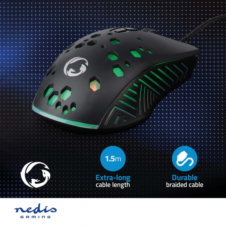 Nedis Gaming Mouse | Kabel | 800 / 1200 / 2400 / 3200 / 4800 / 7200 dpi | Justerbar DPI | Antal knapper: 7 | Programmerbare knapper | Højrehåndet | 1.50 m | RGB