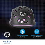 Nedis Gaming Mouse | Kabel | 800 / 1200 / 2400 / 3200 / 4800 / 7200 dpi | Justerbar DPI | Antal knapper: 7 | Programmerbare knapper | Højrehåndet | 1.50 m | RGB