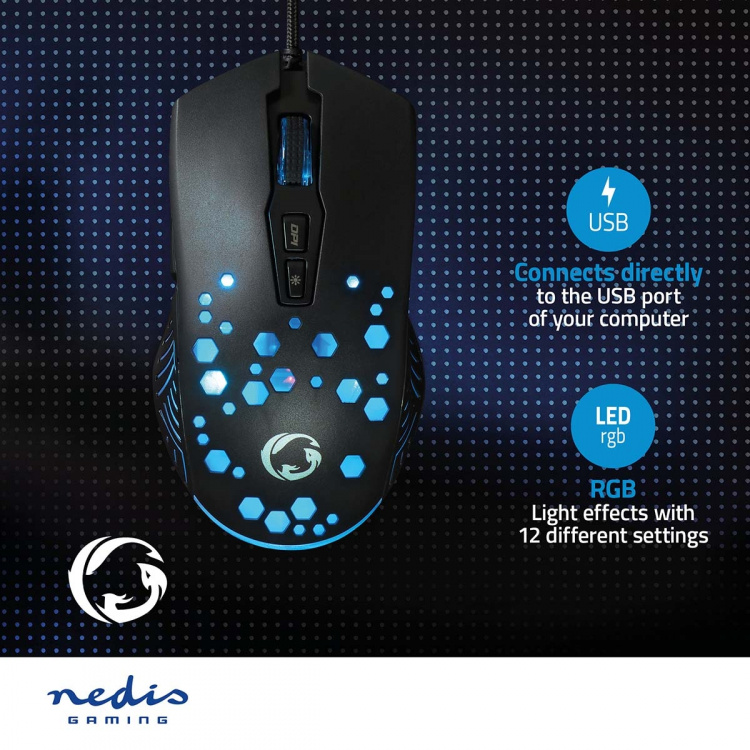 Nedis Gaming Mouse | Kabel | 800 / 1200 / 2400 / 3200 / 4800 / 7200 dpi | Justerbar DPI | Antal knapper: 7 | Programmerbare knapper | Højrehåndet | 1.50 m | RGB
