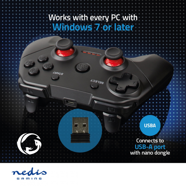 Nedis Gamepad | Trådløs | Batteri | PC | Antal knapper: 11 | Kabellængde: 1.00 m | Sort