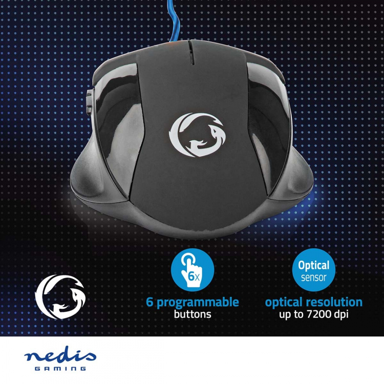Nedis Gaming Mouse | Kabel | 1200 / 2400 / 4800 / 7200 dpi | Justerbar DPI | Antal knapper: 6 | Programmerbare knapper | Højrehåndet | 1.50 m | Uden Belysning