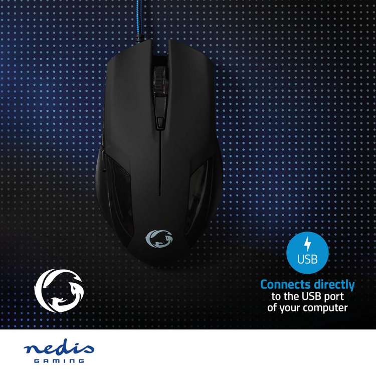 Nedis Gaming Mouse | Kabel | 1200 / 2400 / 4800 / 7200 dpi | Justerbar DPI | Antal knapper: 6 | Programmerbare knapper | Højrehåndet | 1.50 m | Uden Belysning