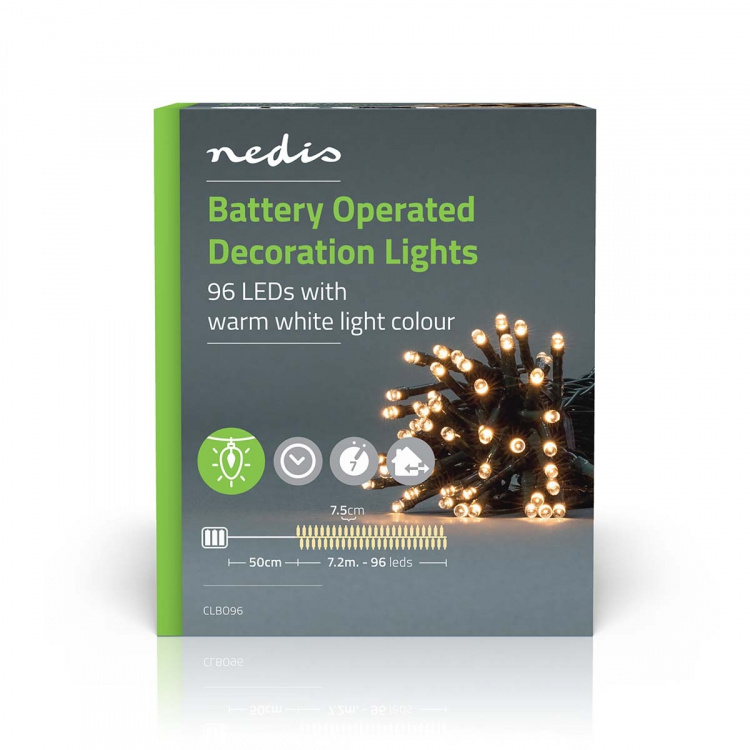 Nedis Julebelysning | Snor | 96 LED\'s | Varm Hvid | 7.20 m | Lyseffekter: 7 | Indendørs eller udendørs | Batteri