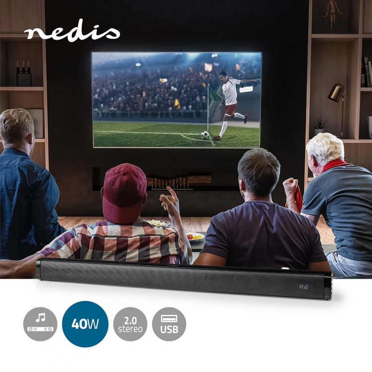 Nedis Soundbar | 2.0 | DSP Programmer | 40 W | 1 x Optisk / 1x 3.5 mm / 1x Coax Audio / 1x USB | 1x HDMI (with ARC) | Bluetooth® | Kan monteres | Sort