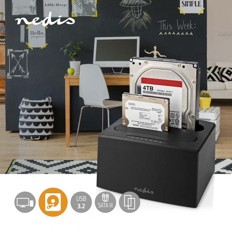 Nedis Harddisk Dockingstation | USB 3.2 Gen1 | USB Type-A | 2 Diske | 2.5 / 3.5 