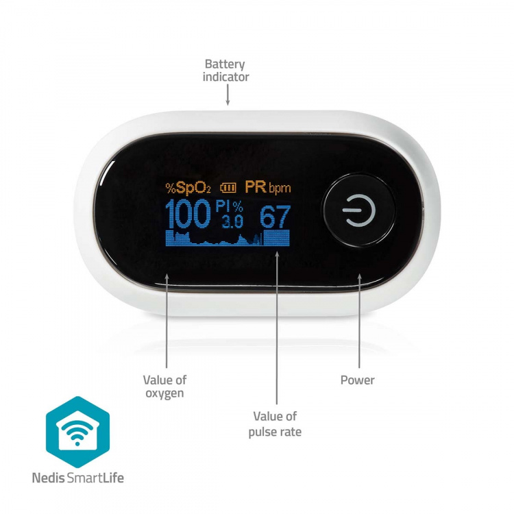 Nedis SmartLife Puls Oximeter | Bluetooth® | LED | Auditiv alarm / Iltmætning (SpO2) / Interferens mod bevægelser / Perfusionsindeks / Pulsfrekvens / Sensor med høj præcision | Hvid Nedis SmartLife Puls Oximeter | Bluetooth® | LED | Auditiv alarm / Iltmætning (SpO2) / Interferens mod bevægelser / Perfusionsindeks / Pulsfrekvens / Sensor med høj præcision | Hvid