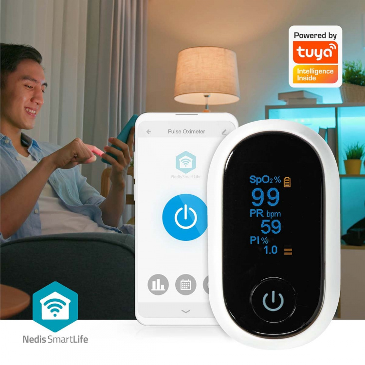 Nedis SmartLife Puls Oximeter | Bluetooth® | LED | Auditiv alarm / Iltmætning (SpO2) / Interferens mod bevægelser / Perfusionsindeks / Pulsfrekvens / Sensor med høj præcision | Hvid Nedis SmartLife Puls Oximeter | Bluetooth® | LED | Auditiv alarm / Iltmætning (SpO2) / Interferens mod bevægelser / Perfusionsindeks / Pulsfrekvens / Sensor med høj præcision | Hvid