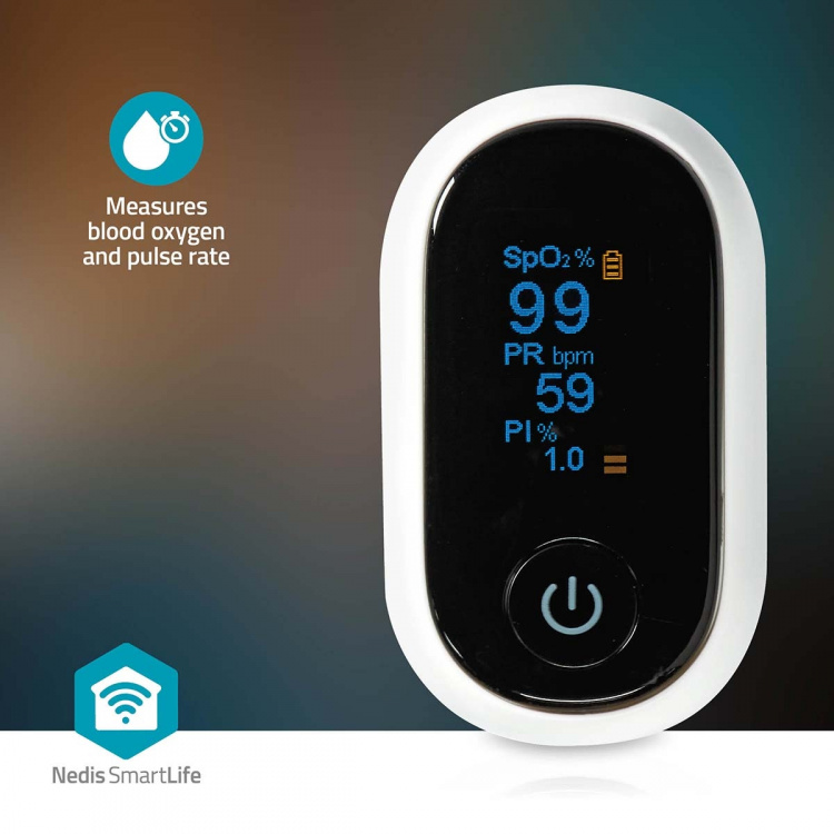 Nedis SmartLife Puls Oximeter | Bluetooth® | LED | Auditiv alarm / Iltmætning (SpO2) / Interferens mod bevægelser / Perfusionsindeks / Pulsfrekvens / Sensor med høj præcision | Hvid Nedis SmartLife Puls Oximeter | Bluetooth® | LED | Auditiv alarm / Iltmætning (SpO2) / Interferens mod bevægelser / Perfusionsindeks / Pulsfrekvens / Sensor med høj præcision | Hvid