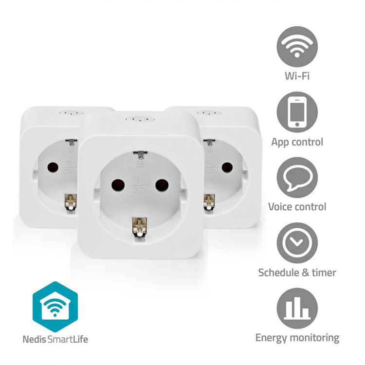 Nedis SmartLife Smart Plug | IP21 | Effektmåler | 3680 W | Type F (CEE 7/7) | 0 - 55 °C | Android™ / IOS | Hvid | 3 stk