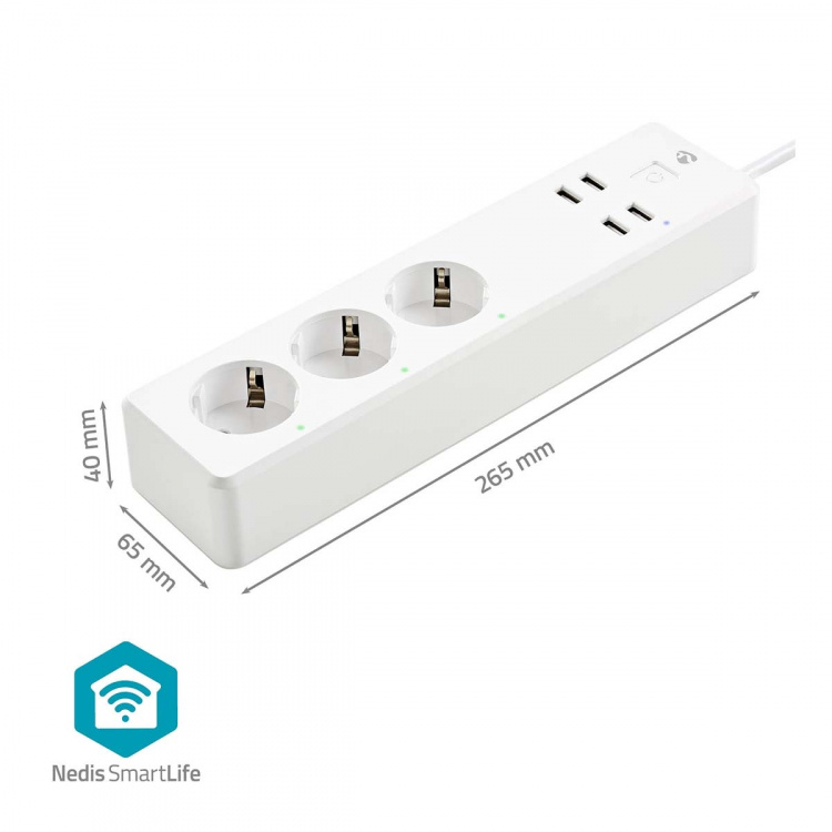Nedis SmartLife Stikdåse | 3 x EU stik (CEE 7/3) / 4 x USB | 16 A | 3680 W | 1.80 m | -10 - 40 °C | Android™ / IOS | Hvid Nedis SmartLife Stikdåse | 3 x EU stik (CEE 7/3) / 4 x USB | 16 A | 3680 W | 1.80 m | -10 - 40 °C | Android™ / IOS | Hvid