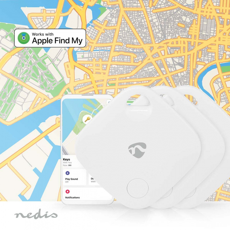Nedis Nøglefinder | Kompatibel med: Apple Find My App | Batteri | 3x CR2032 | Batterier medfølger | Bluetooth® version: 5.1 | Batteri levetid op til: 1 År | Hvid | 3 stk