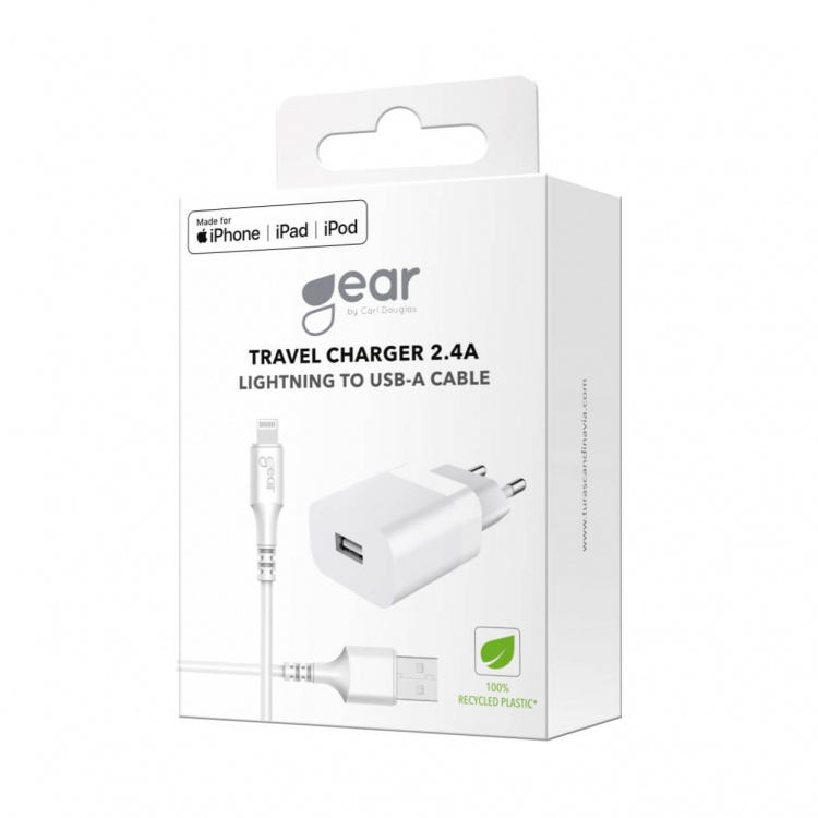 Gear Lader 220V 1xUSB 2,4A Hvid Lightning Kabel 1m MFI C89