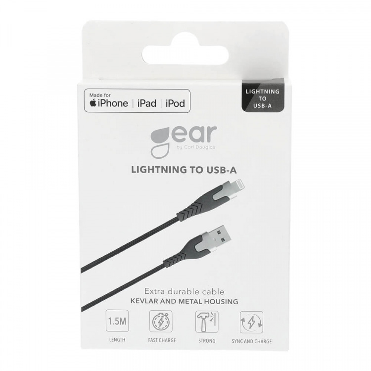 Gear Ladekabel PRO USB-A til Lightning C89 1.5m Sort Kevlarkabel m/Metalkobling