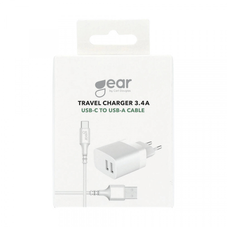 Gear Lader 220V 2xUSB-A 3.4A Hvid USB-C 2.0 kabel 1m