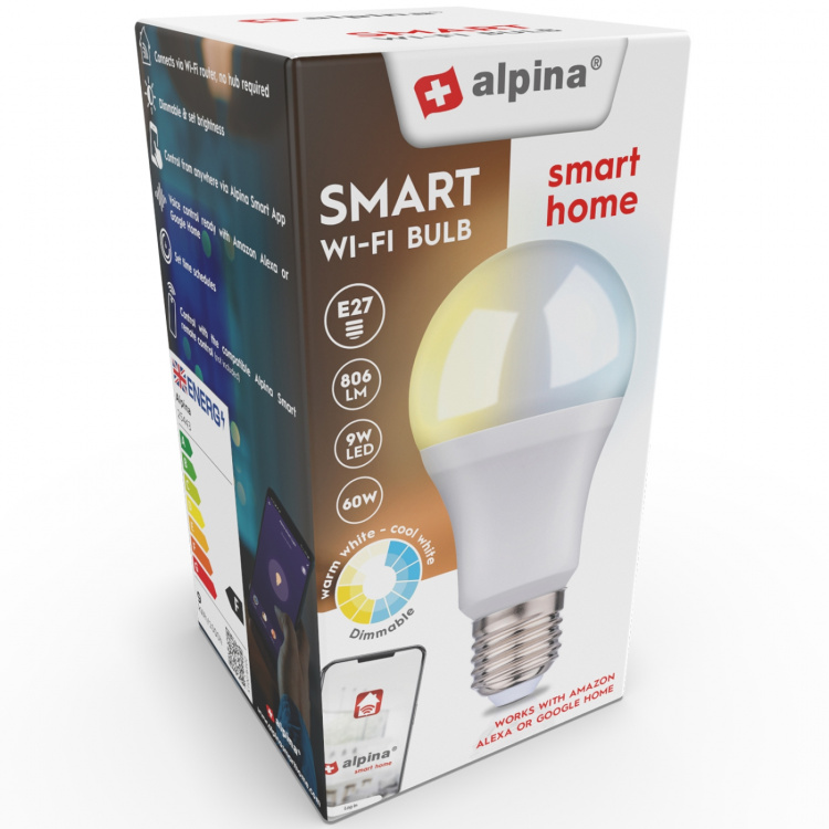 Alpina WiFi Smart E27 LED varm/kold hvid 9W 806 lm Alpina WiFi Smart E27 LED varm/kold hvid 9W 806 lm