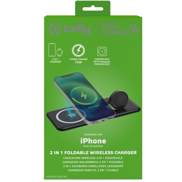 Celly MAGFOLD2IN1 2-i-1 MagSafe Vikbar trådlös laddare