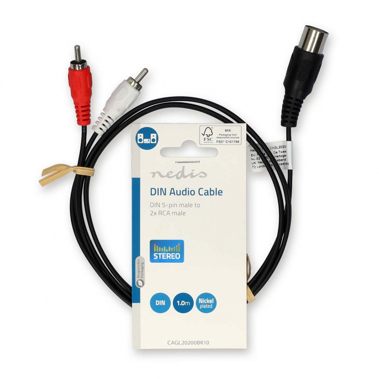 Nedis DIN Audio kabel | DIN 5-Pin Han | 2x RCA Hanstik | Nikkelplateret | 1.00 m | Runde | PVC | Sort | Label