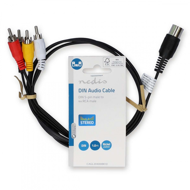 Nedis DIN Audio kabel | DIN 5-Pin Han | 4x RCA Hanstik | Nikkelplateret | 1.00 m | Runde | PVC | Sort | Label