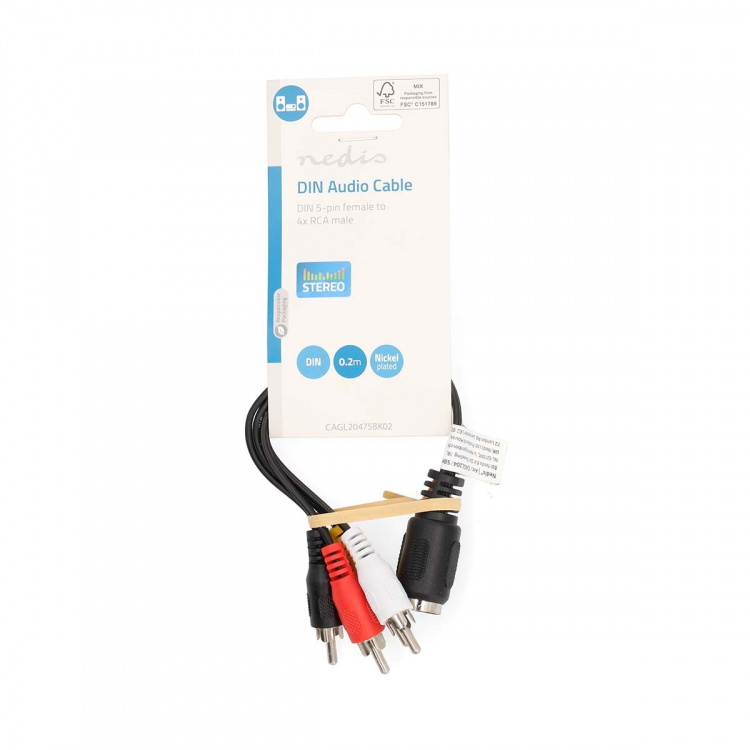 Nedis DIN Audio kabel | DIN 5-Pin Hunstik | 4x RCA Hanstik | Nikkelplateret | 0.20 m | Runde | PVC | Sort | Label