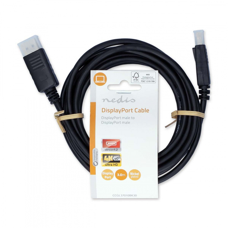 Nedis Displayport kabel | DisplayPort Han | DisplayPort Han | 4K@60Hz | Guldplateret | 3.00 m | Runde | PVC | Sort | Label