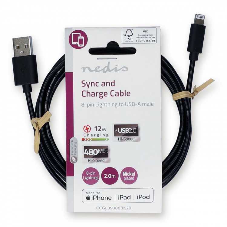 Nedis Lightning Kabel | USB 2.0 | Apple Lightning 8-pin | USB-A Han | 480 Mbps | Nikkelplateret | 2.00 m | Runde | PVC | Sort | Label