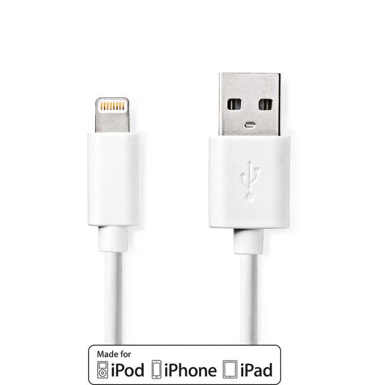 Nedis Lightning Kabel | USB 2.0 | Apple Lightning 8-pin | USB-A Han | 480 Mbps | Nikkelplateret | 1.00 m | Runde | PVC | Hvid | Label
