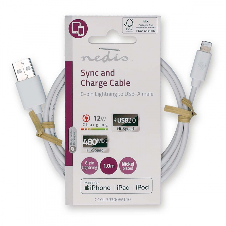 Nedis Lightning Kabel | USB 2.0 | Apple Lightning 8-pin | USB-A Han | 480 Mbps | Nikkelplateret | 1.00 m | Runde | PVC | Hvid | Label