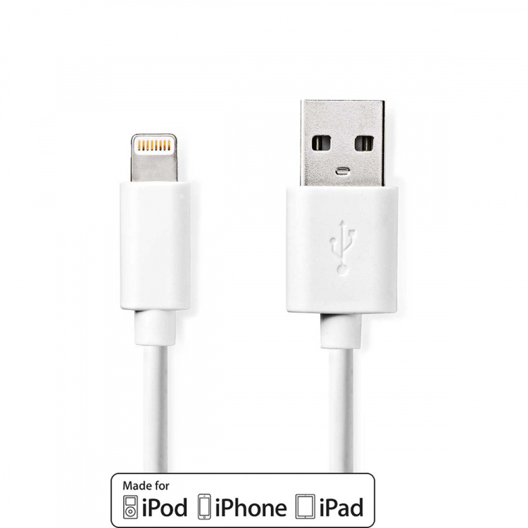 Nedis Lightning Kabel | USB 2.0 | Apple Lightning 8-pin | USB-A Han | 480 Mbps | Nikkelplateret | 2.00 m | Runde | PVC | Hvid | Label