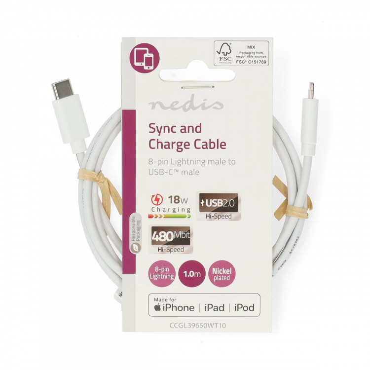 Nedis Lightning Kabel | USB 2.0 | Apple Lightning 8-pin | USB-C™ Han | 480 Mbps | Nikkelplateret | 1.00 m | Runde | PVC | Hvid | Label