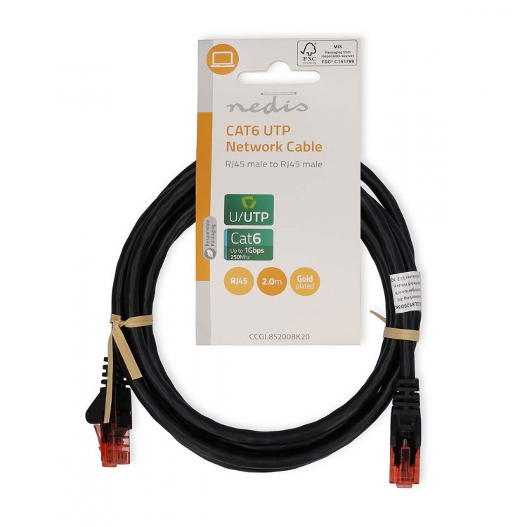 Nedis Kat 6 kabel | RJ45 Han | RJ45 Han | U/UTP | 2.00 m | Runde | PVC | Sort | Label