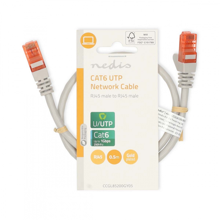 Nedis Kat 6 kabel | RJ45 Han | RJ45 Han | U/UTP | 0.50 m | Runde | PVC | Grå | Label