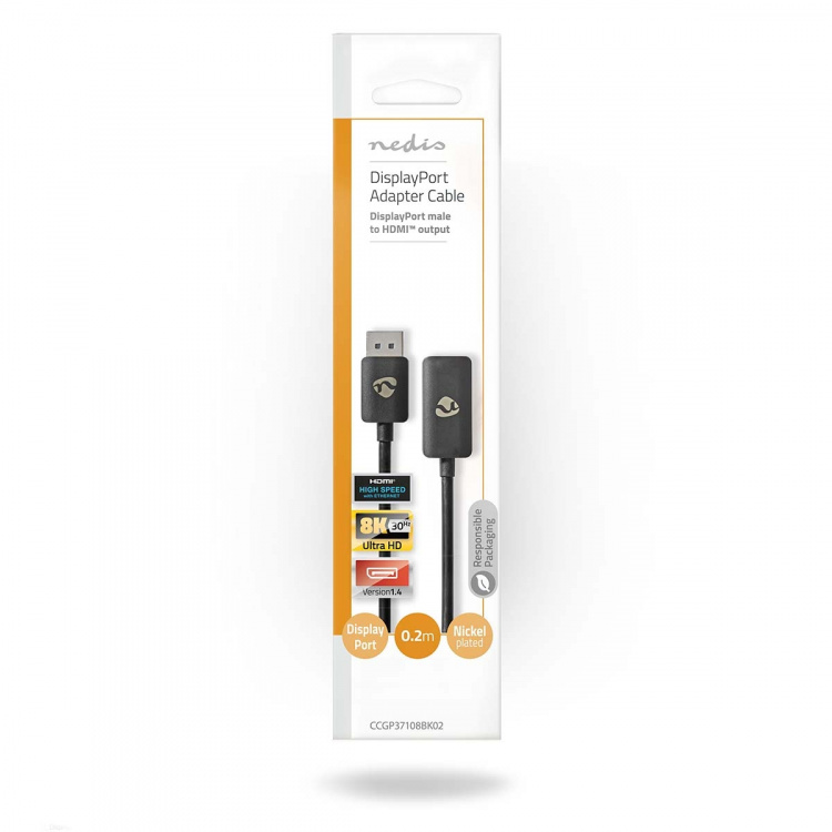 Nedis DisplayPort adapter | DisplayPort Han | HDMI ™ -udgang | 8K@30Hz | Nikkelplateret | Lige | 0.20 m | Runde | TPE | PVC | Sort | Konvolut