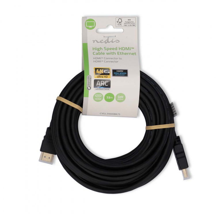 Nedis High Speed ​​HDMI ™ kabel med Ethernet | HDMI™ Stik | HDMI™ Stik | 4K@30Hz | ARC | 10.2 Gbps | 7.50 m | Runde | PVC | Sort | Label