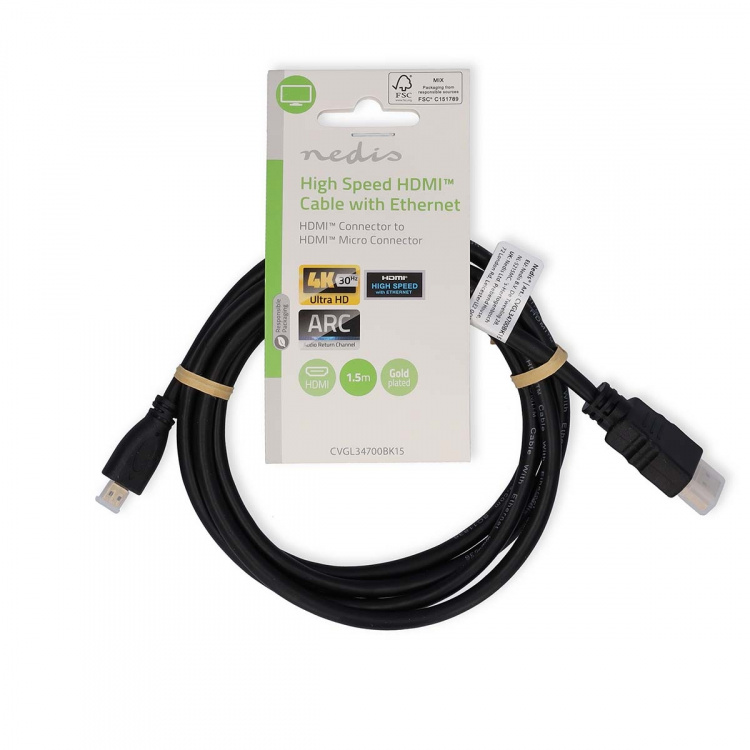 Nedis High Speed ​​HDMI ™ kabel med Ethernet | HDMI™ Stik | HDMI™ Micro-stik | 4K@30Hz | 10.2 Gbps | 1.50 m | Runde | PVC | Sort | Label